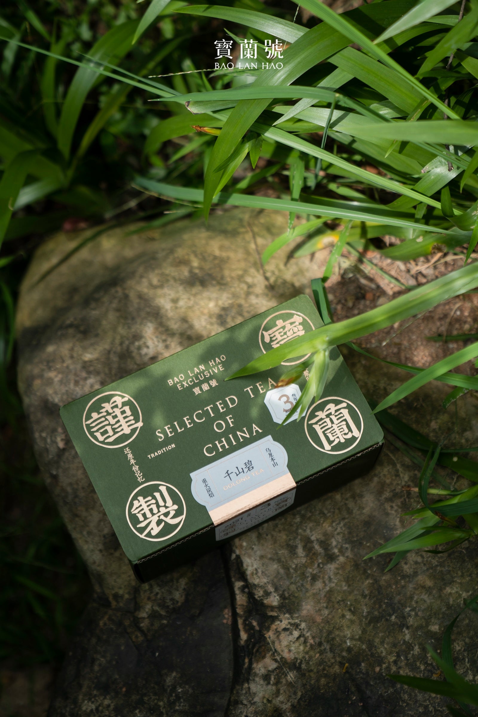 Green tea box partially on large rock among green grass