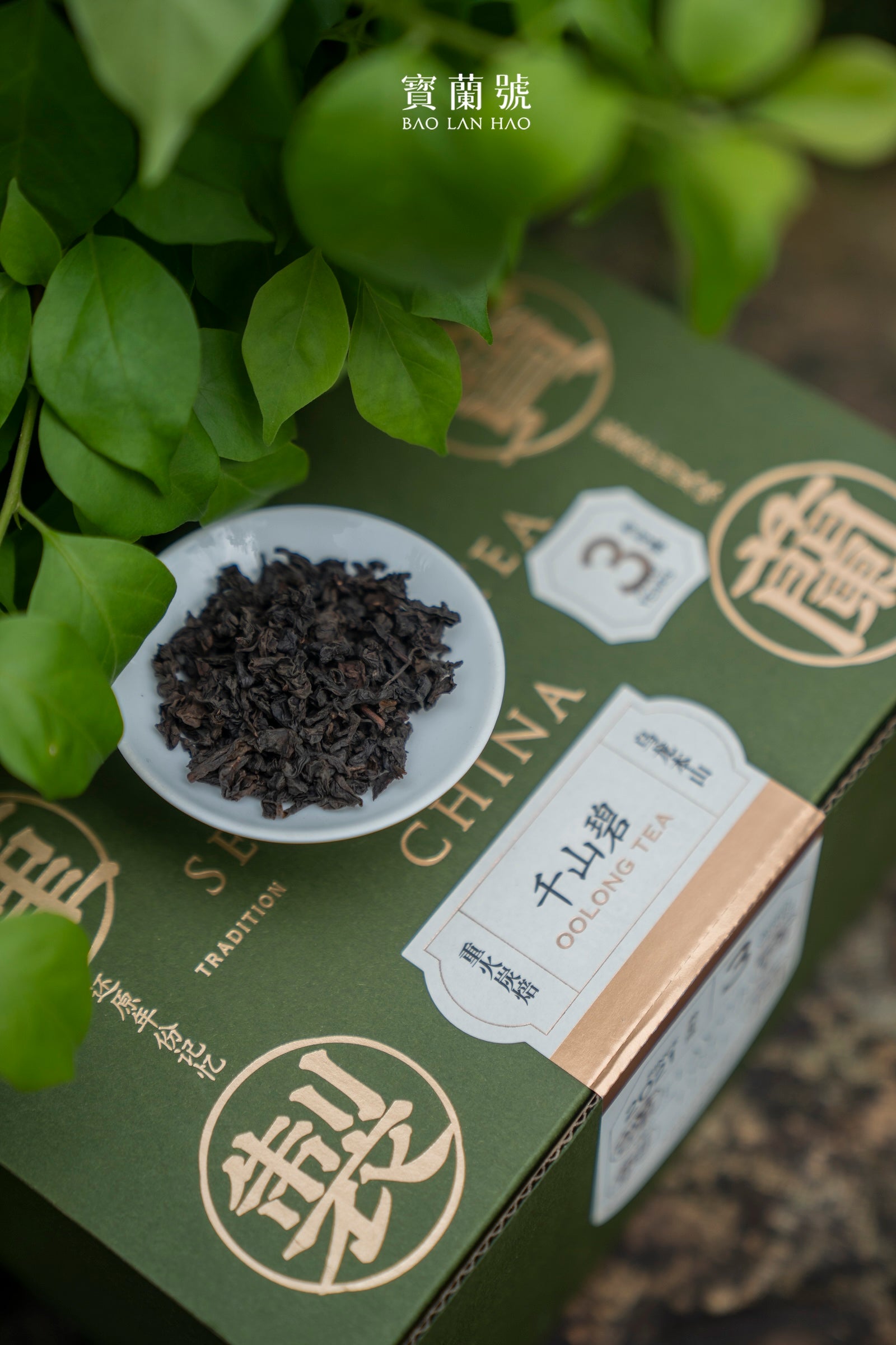 Oolong tea leaves in a white bowl on a green tea gift box